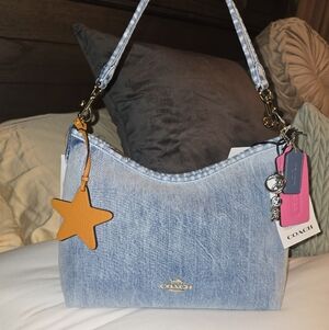 NWT COACH Laurel Shoulder Bag in Loved Denim With Charms